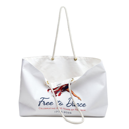 White tote bag showing one handle down with Free to Dance  Celebrating 250 Years of Freedom 1776-2026 design on a white background