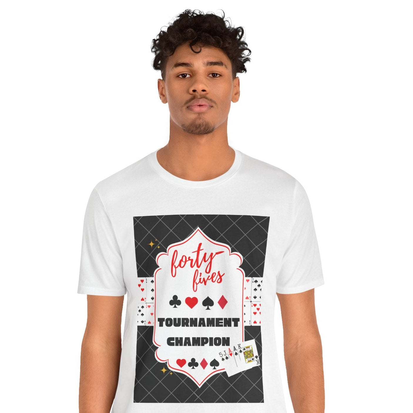 Person wearing a white t-shirt with a poker-themed design on a white background