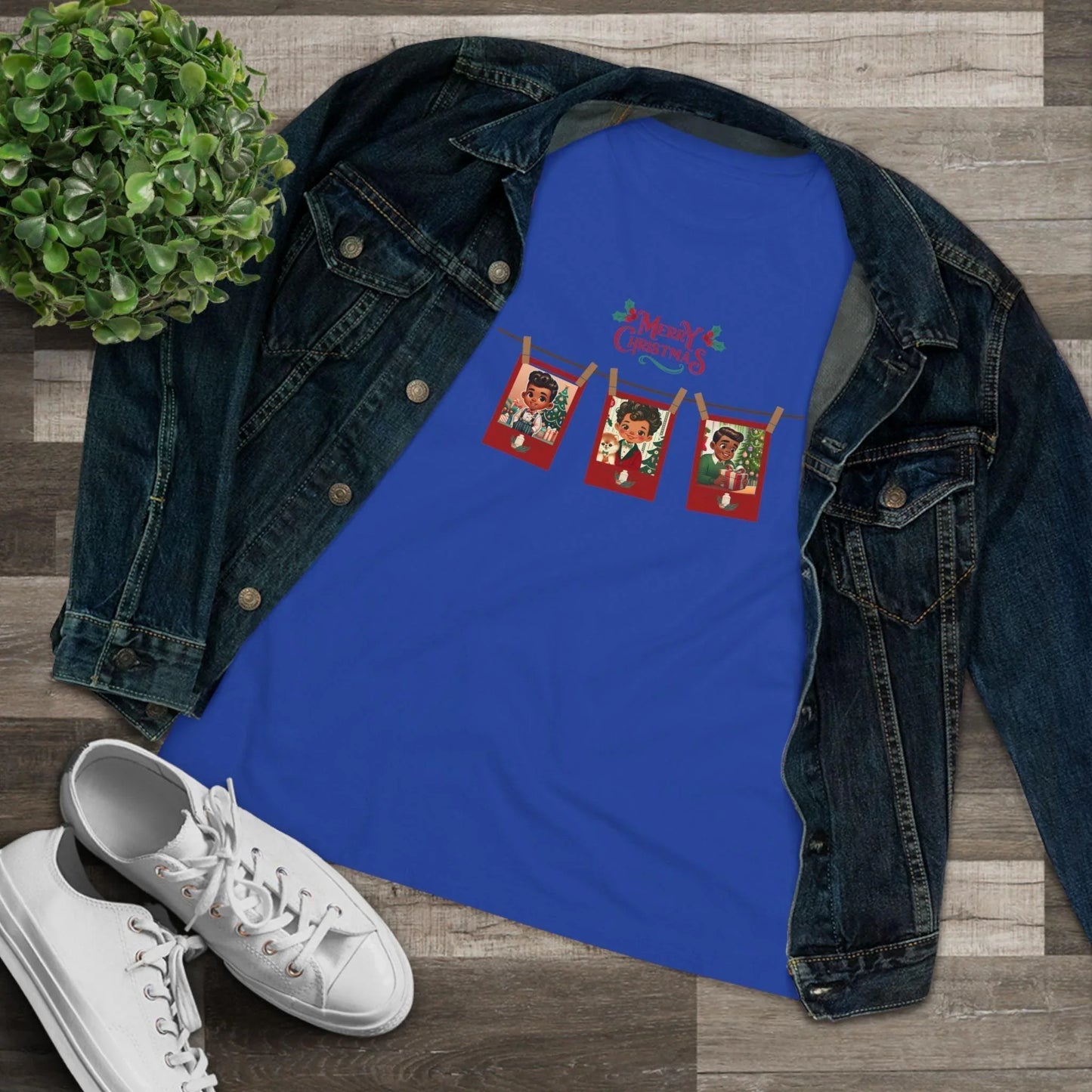 Merry Christmas - Photo Banner - Darker Skin Tone - Women's Softstyle Tee - Whippie's
