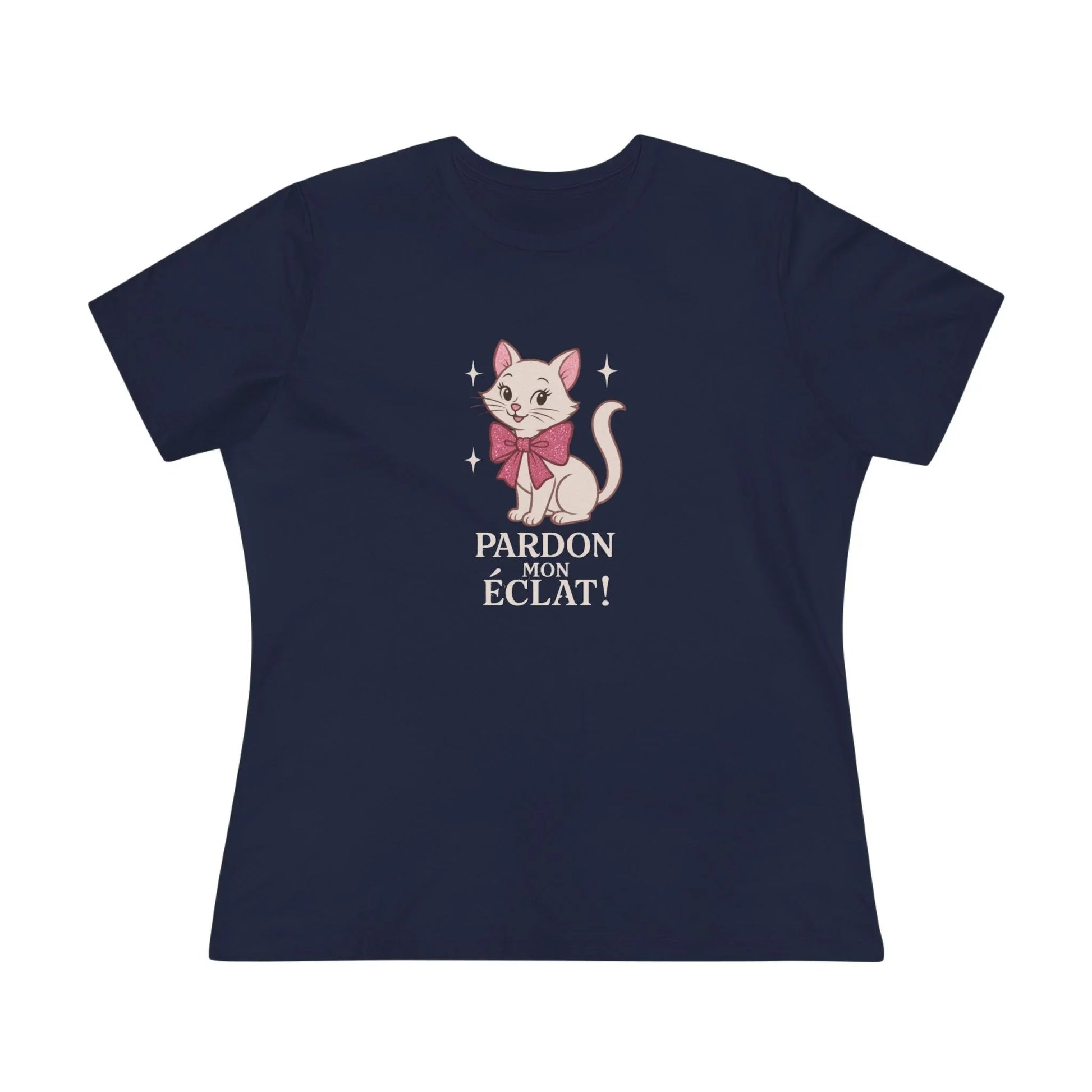 Pardon Mon Éclat White Sparkly Cat with Pink Bow Women's Tee - Whippie's