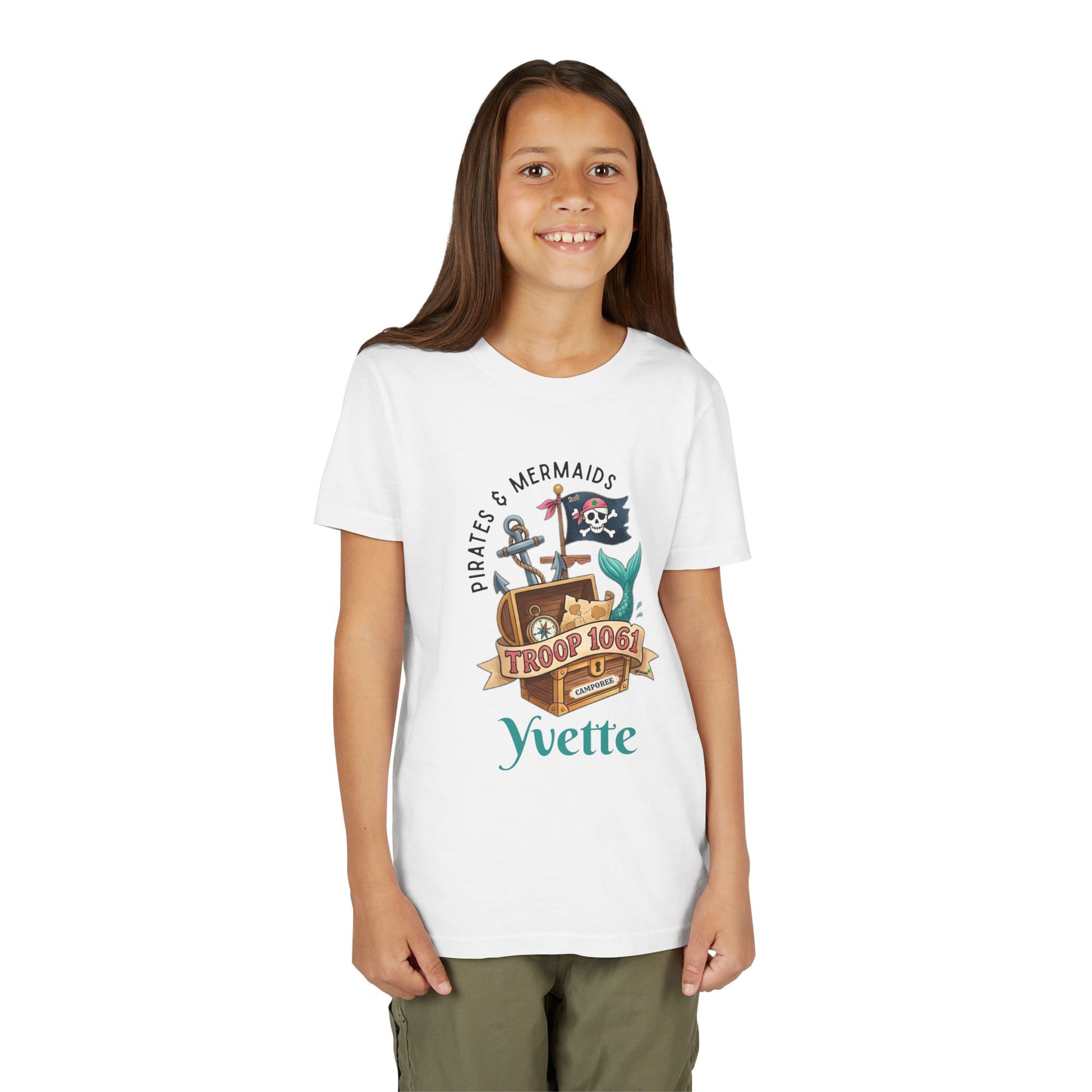 Young girl wearing a white t-shirt with a pirate-themed design and text, wearing a girl scout camporee tee