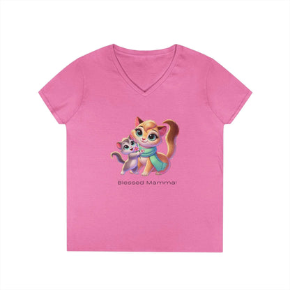 Blessed Mamma - Cat and Kitten 🐱💐 Ladies' V-Neck Tee 💖 - Whippie's