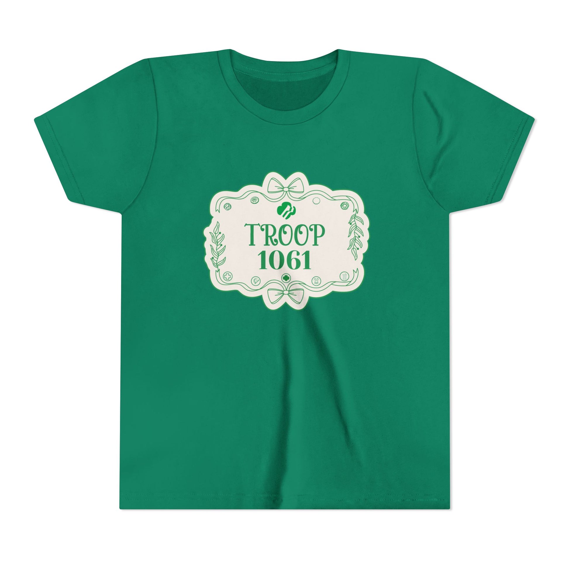 Green t-shirt with 'Troop 1061' design on a white background