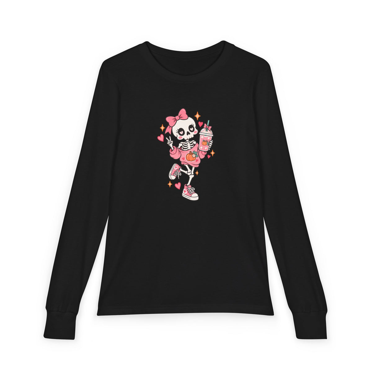 Pumpkin Spice Skeleton Cute Halloween Shirt | Youth Long Sleeve