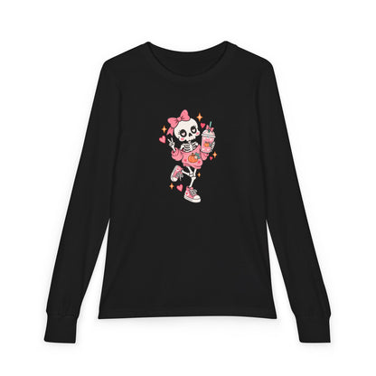Pumpkin Spice Skeleton Cute Halloween Shirt | Youth Long Sleeve