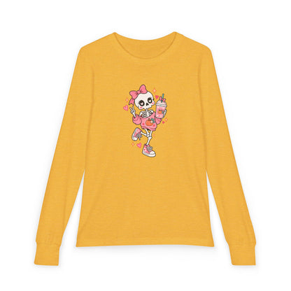 Pumpkin Spice Skeleton Cute Halloween Shirt | Youth Long Sleeve