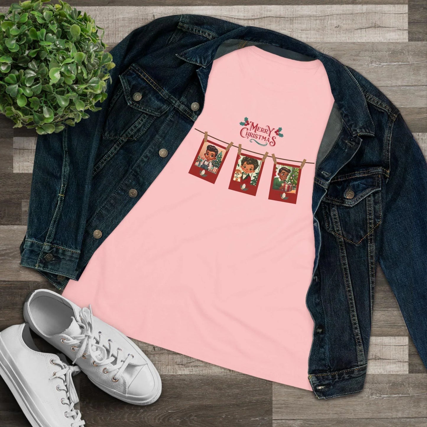 Merry Christmas - Photo Banner - Darker Skin Tone - Women's Softstyle Tee - Whippie's