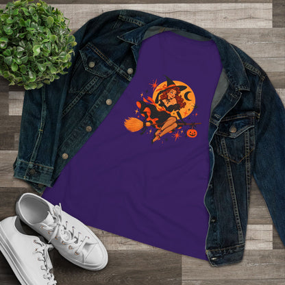 Purple flying witch shirt styled with denim jacket and sneakers