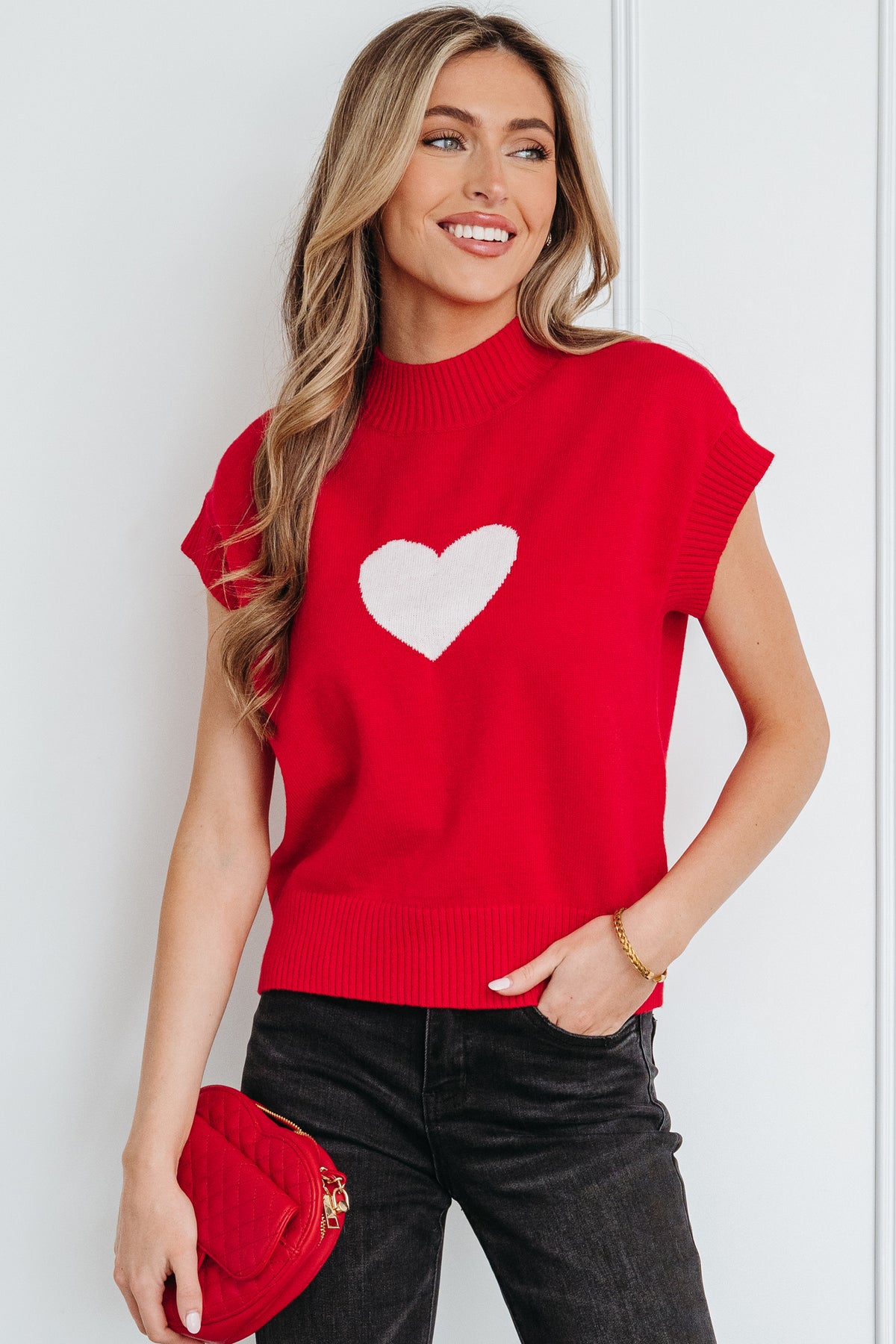 White Valentine's Heart Cropped Short Sleeve Sweater