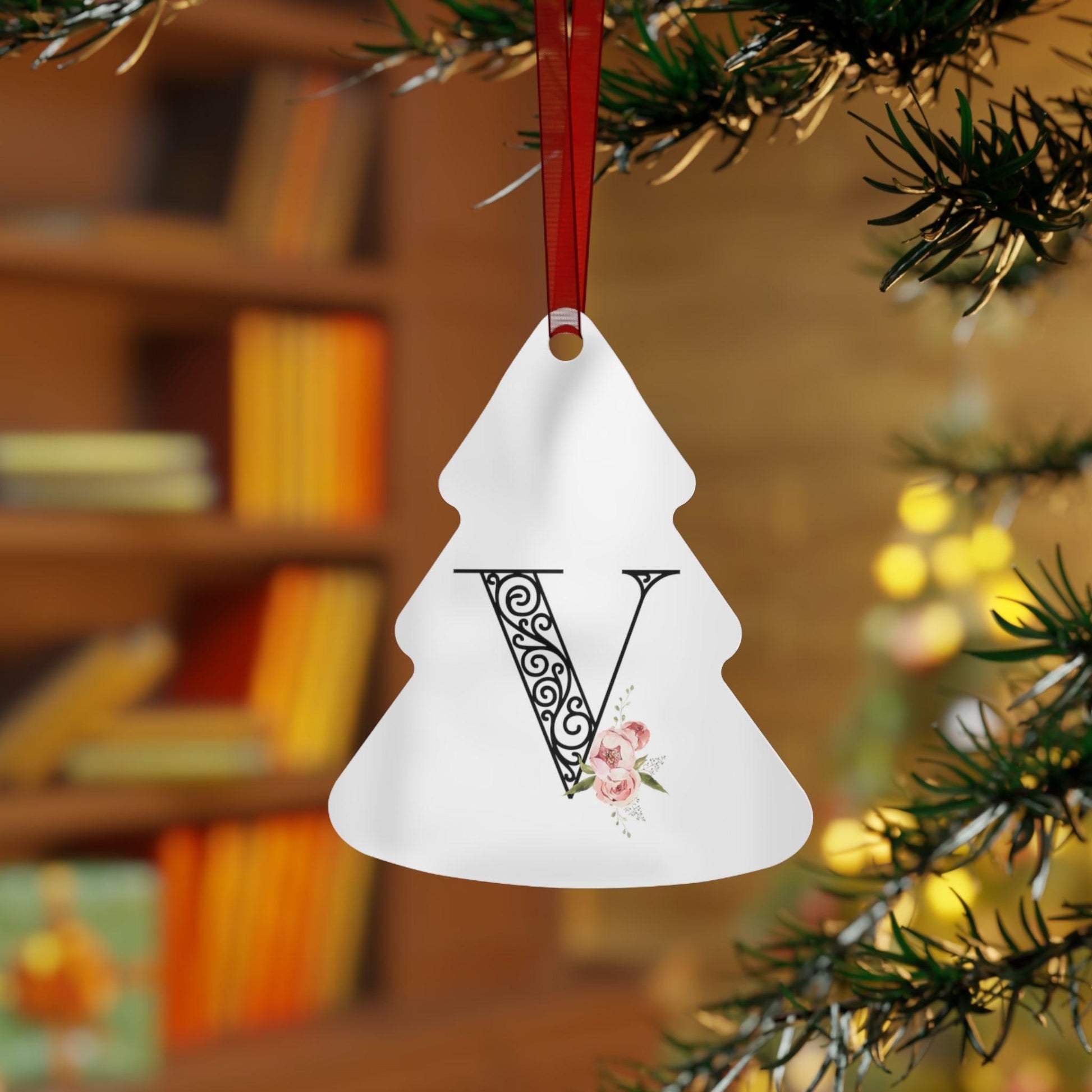 Floral Letters: Letter V - Metal Christmas Ornament - Whippie's