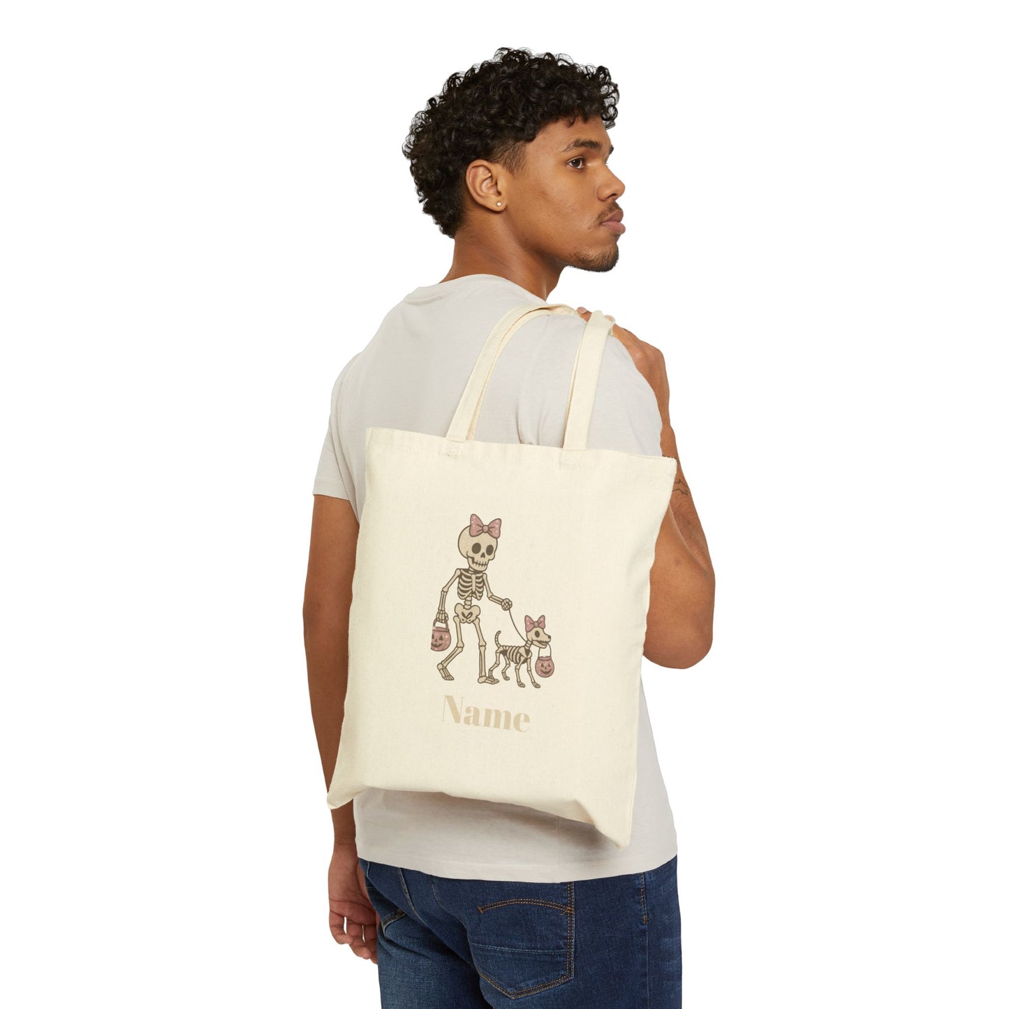 Pink Bow Halloween Friends Cotton Canvas Tote Bag - Personalizable