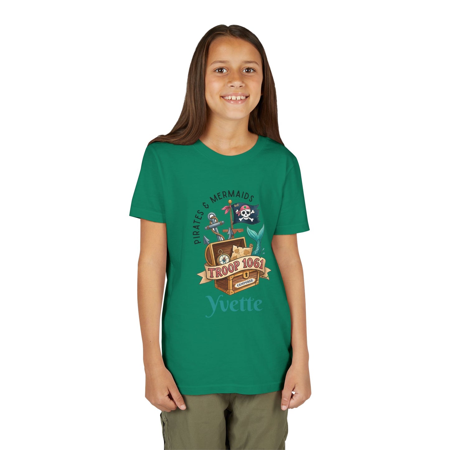 Girl wearing a green t-shirt with a pirate-themed design on a white background wearing a girl scout camporee tee