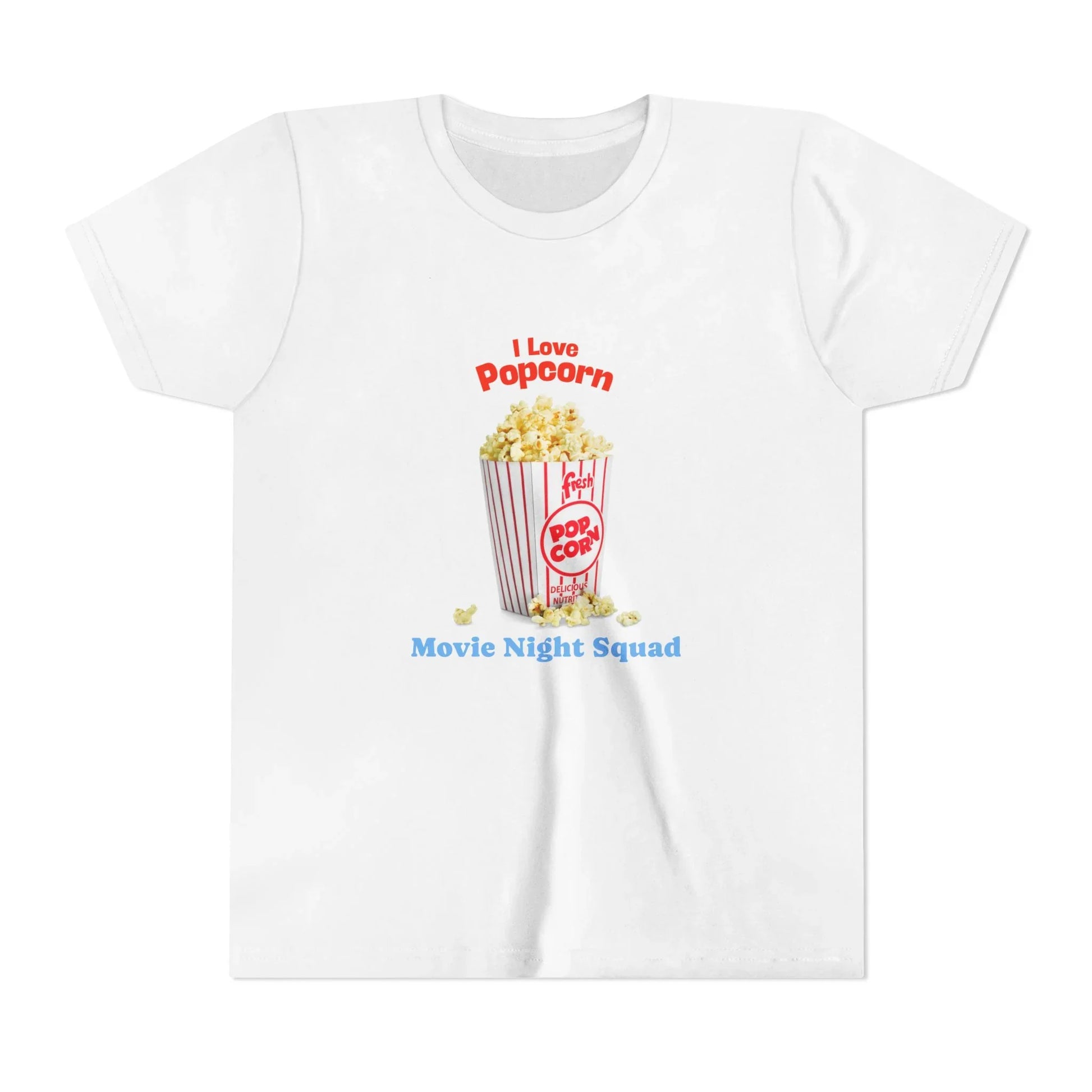 White t-shirt with graphic of popcorn bucket and text 'I Love Popcorn Movie Night Squad'