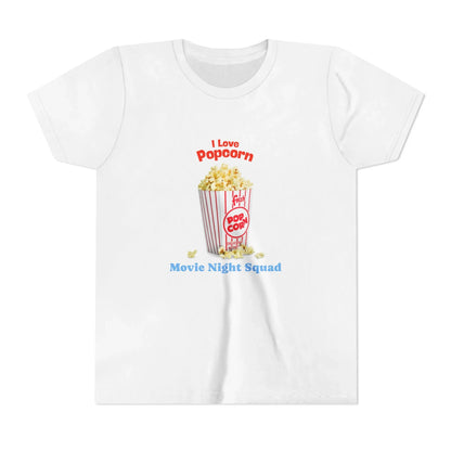 White t-shirt with graphic of popcorn bucket and text 'I Love Popcorn Movie Night Squad'