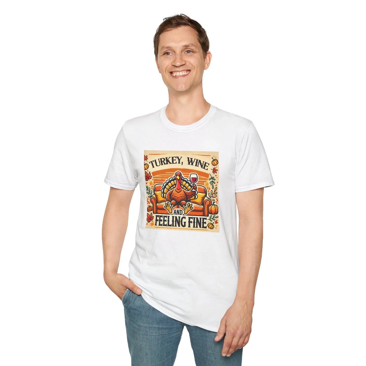 Person wearing a white t-shirt with a graphic design and text on a white background