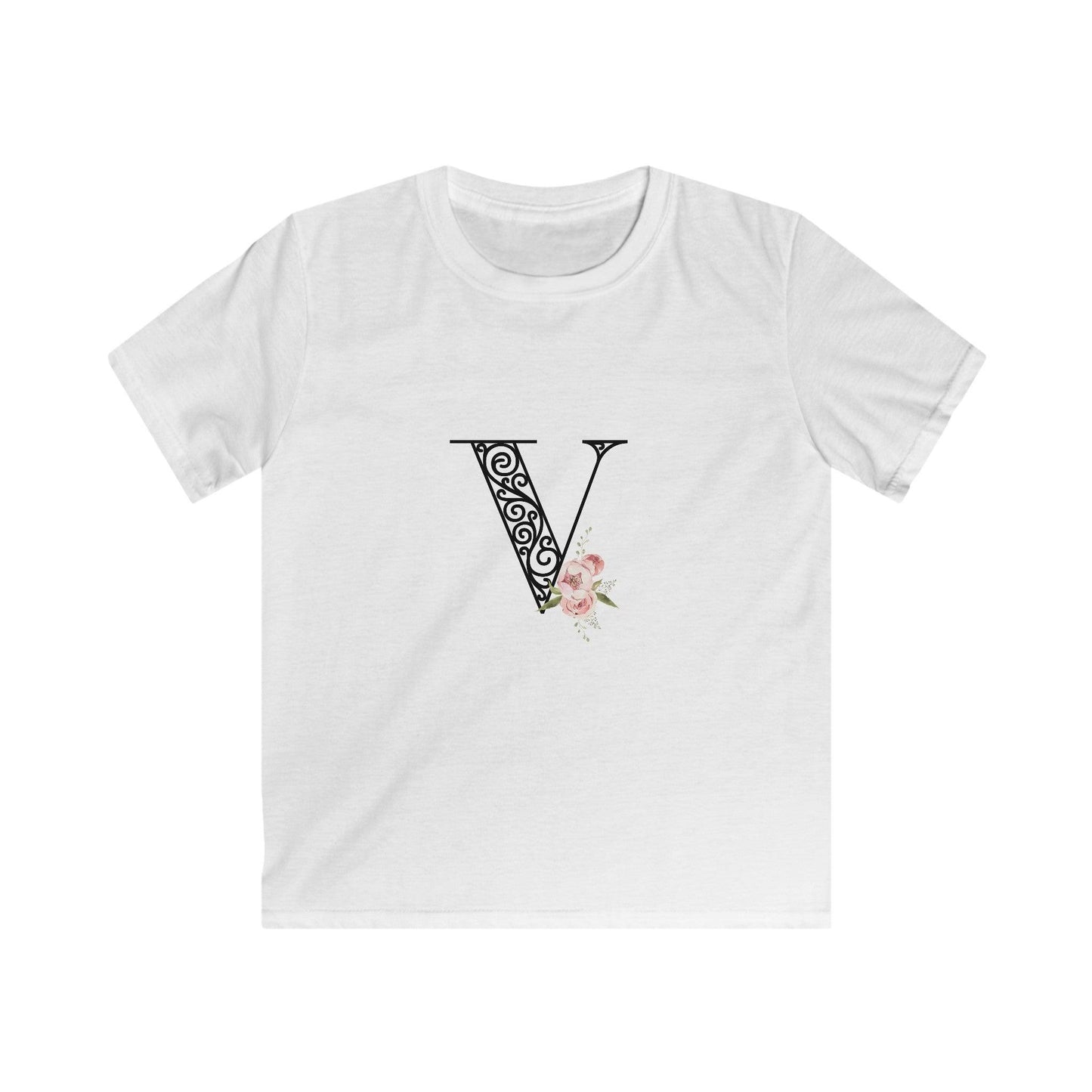 Floral Letters: Letter V - Kids Softstyle Tee - Whippie's