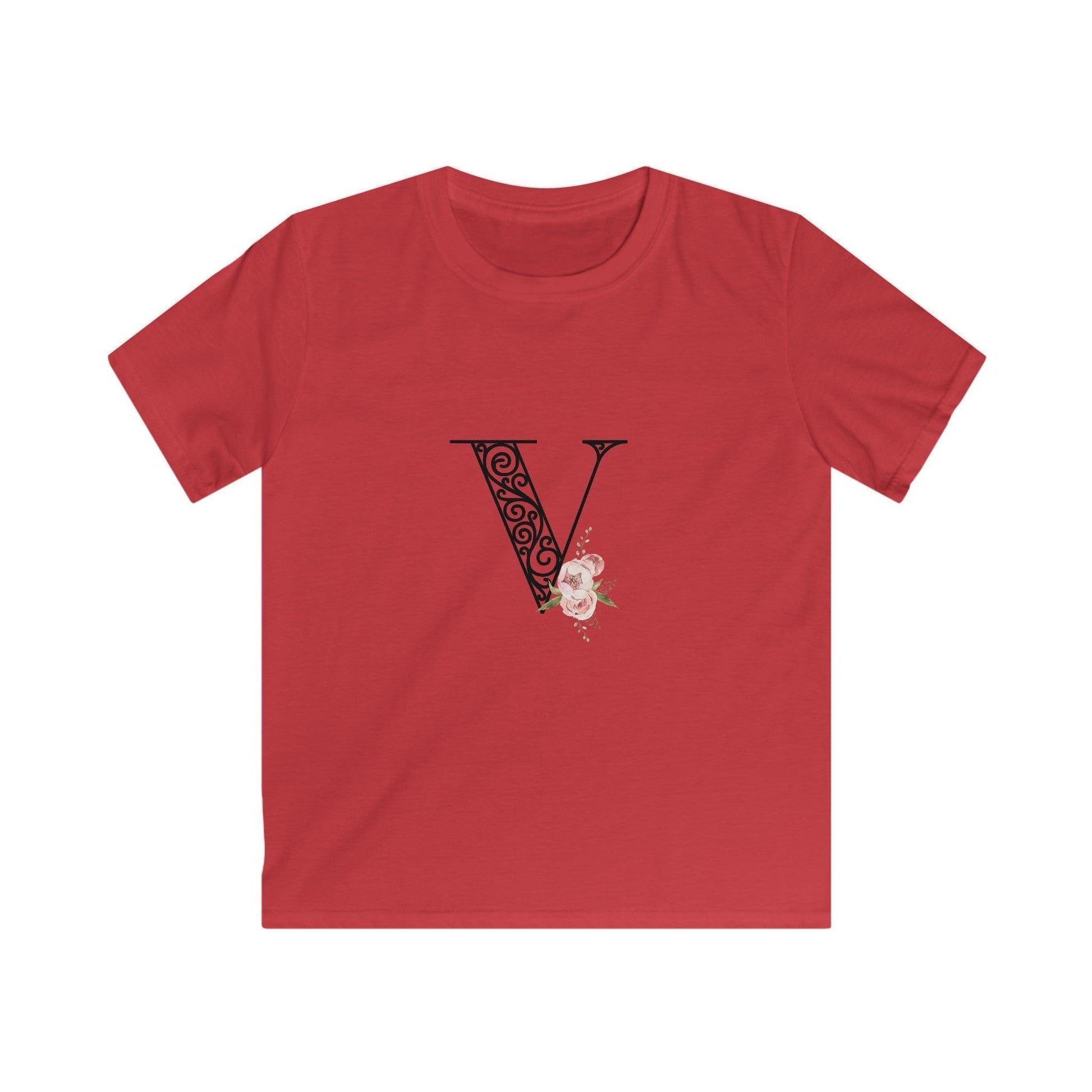 Floral Letters: Letter V - Kids Softstyle Tee - Whippie's