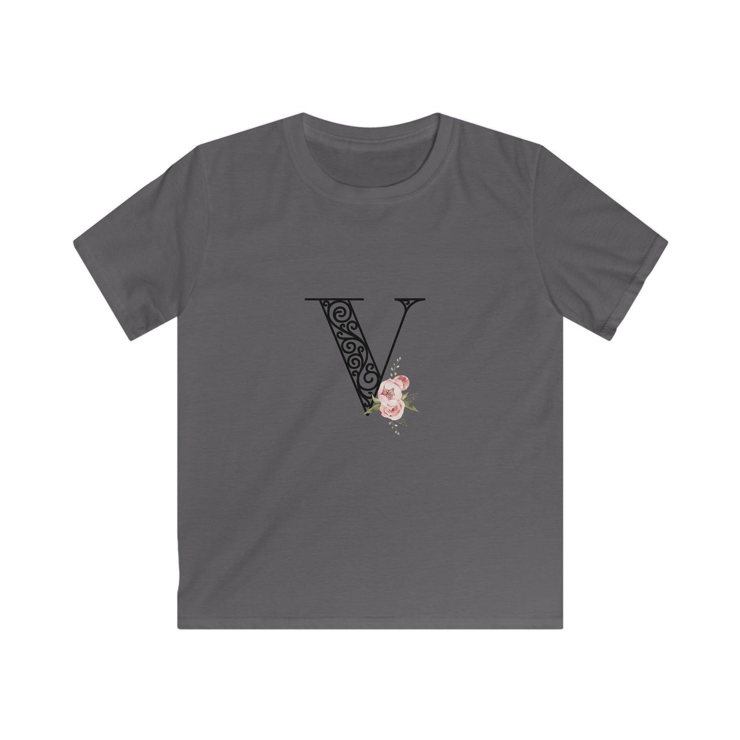 Floral Letters: Letter V - Kids Softstyle Tee - Whippie's