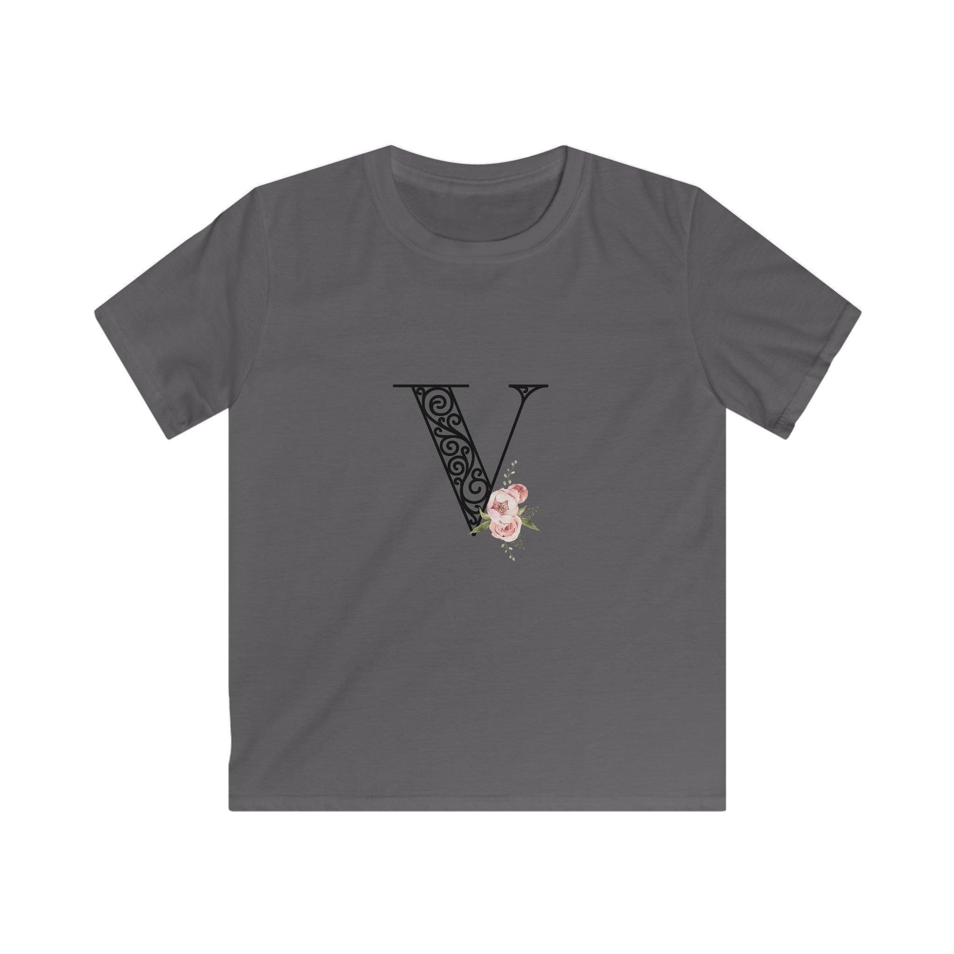 Floral Letters: Letter V - Kids Softstyle Tee - Whippie's