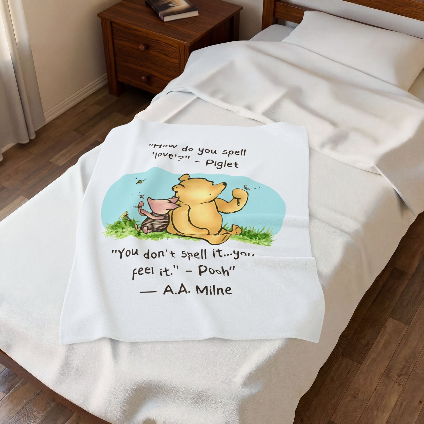 30 x 60 blanket Pooh How do you spell love. Blanket is on a twin bed for size comparison This size is a baby blanket and fits better in a crib.