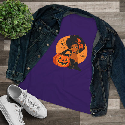 Purple pumpkin glam shirt styled with denim jacket and sneakers