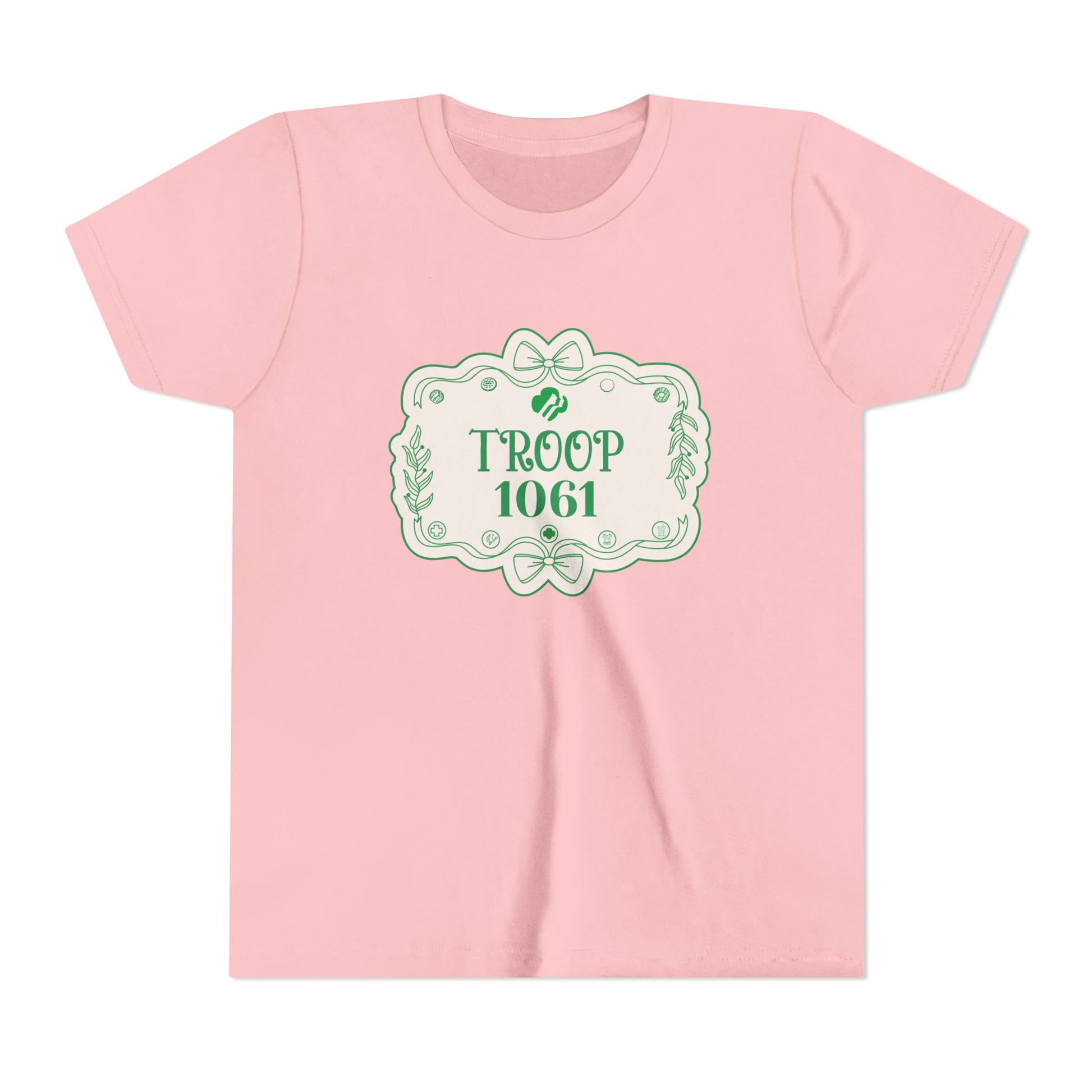 Pink t-shirt with green graphic and text 'Troop 1061' on a white background