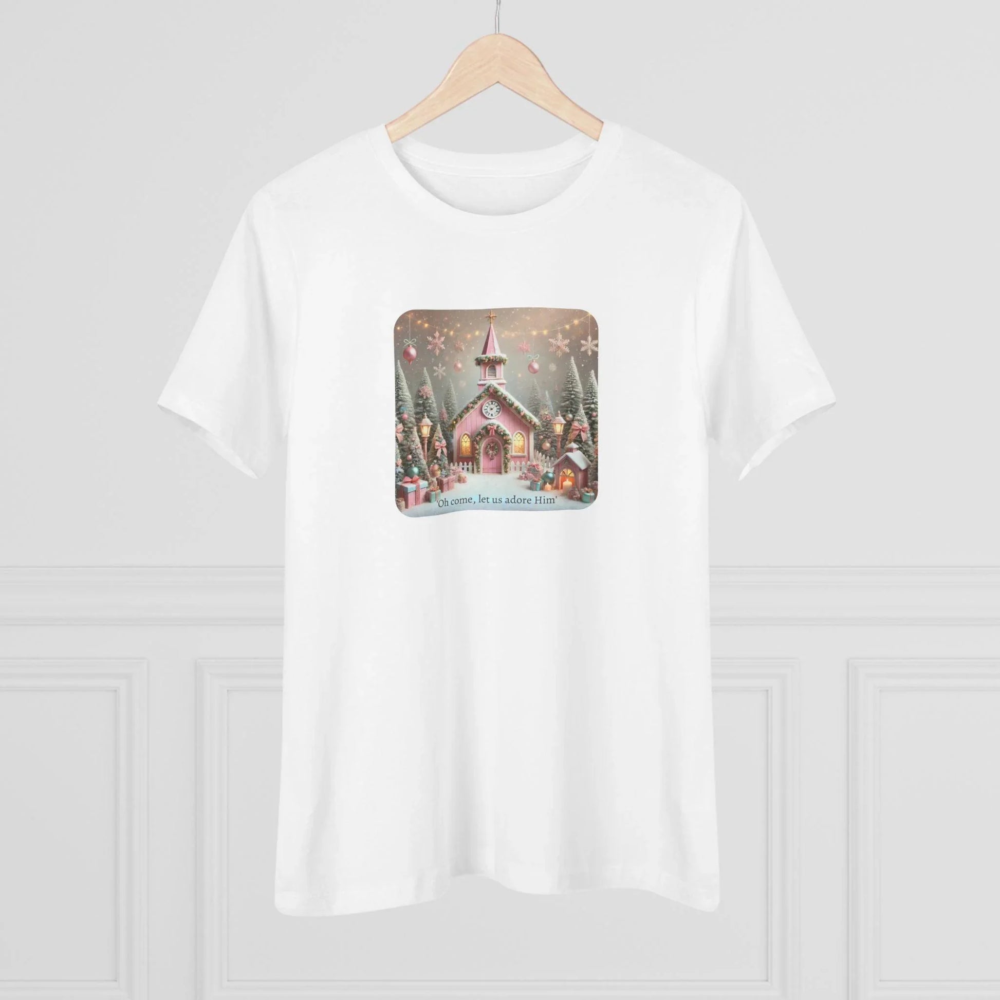 💖🏡 Pink Christmas Village - Oh Come, Let Us Adore Him ✨🎄 - Women's Softstyle Tee - Whippie's