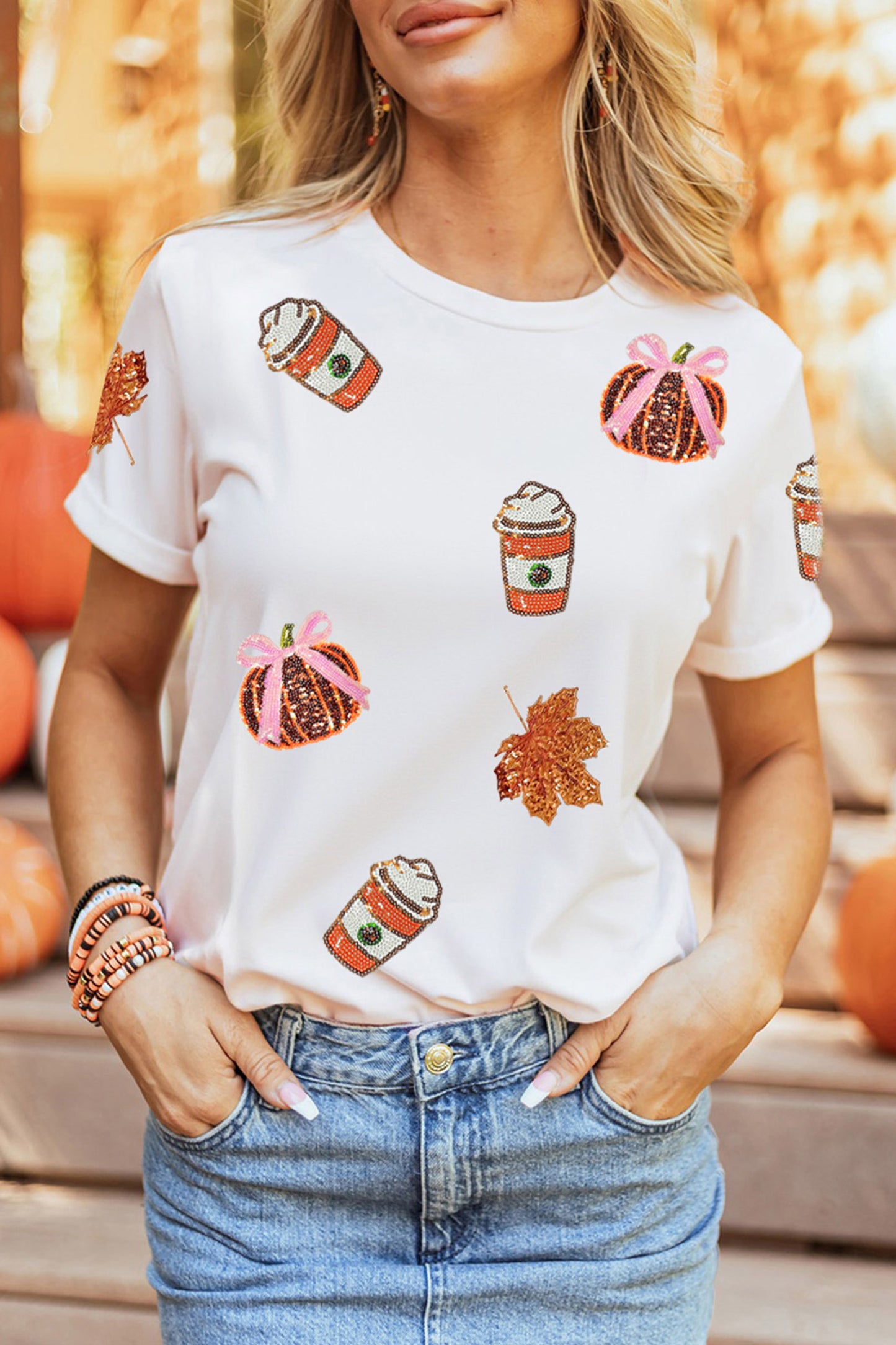 White Sequined Pumpkin Fall Graphic T-Shirt