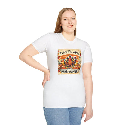 Person wearing a white t-shirt with a graphic design and text on a white background