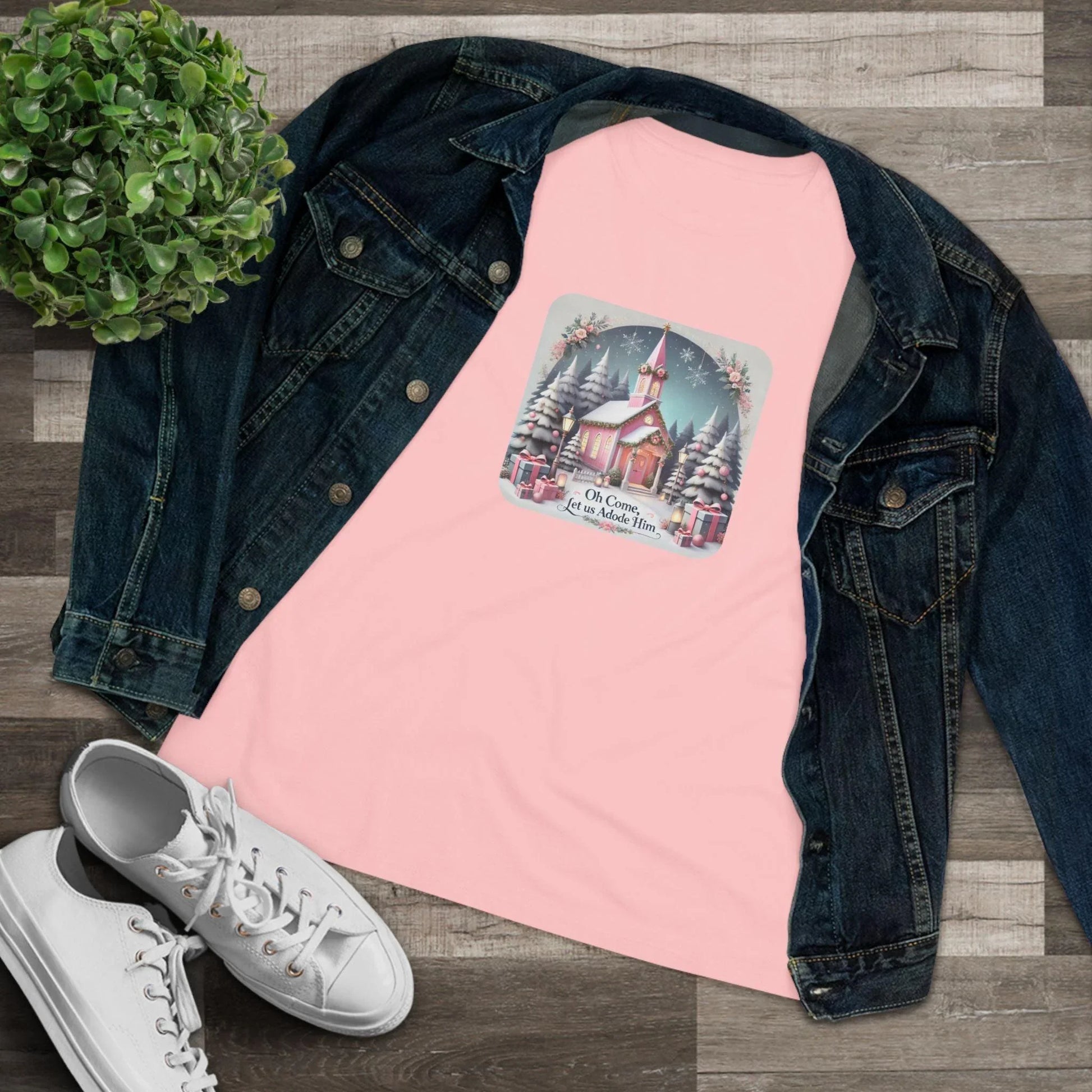 💖⛪ Pink Church - Oh Come, Let Us Adore Him ❄️🎁 - Women's Softstyle Tee - Whippie's