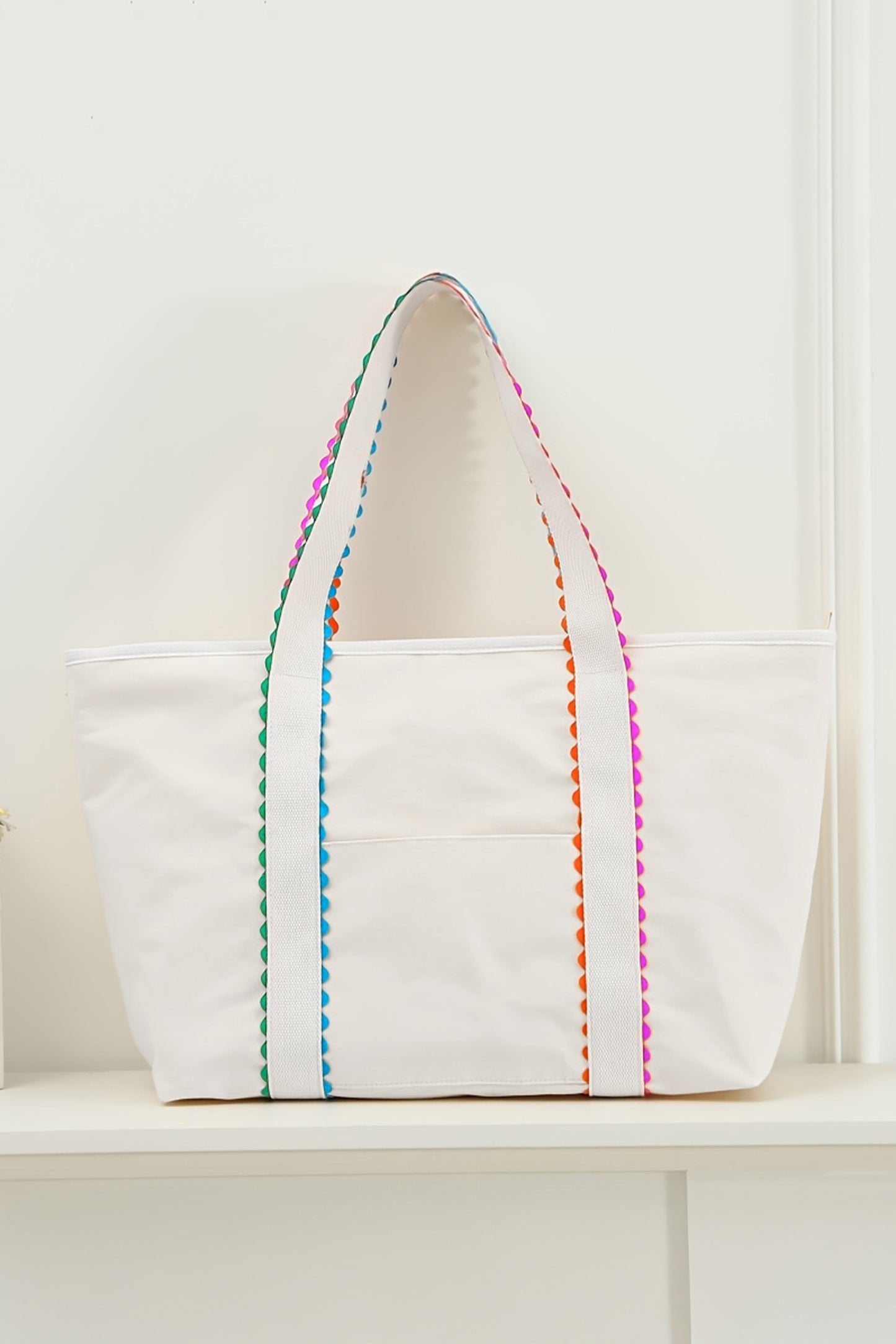 White Colorful Ricrac Canvas Tote Bag