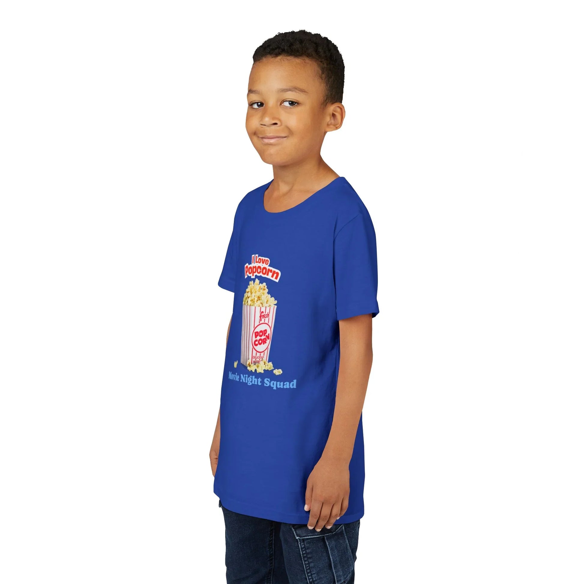 Young boy wearing blue t-shirt with popcorn graphic and text I Love Popcorn, Movie Night Squad