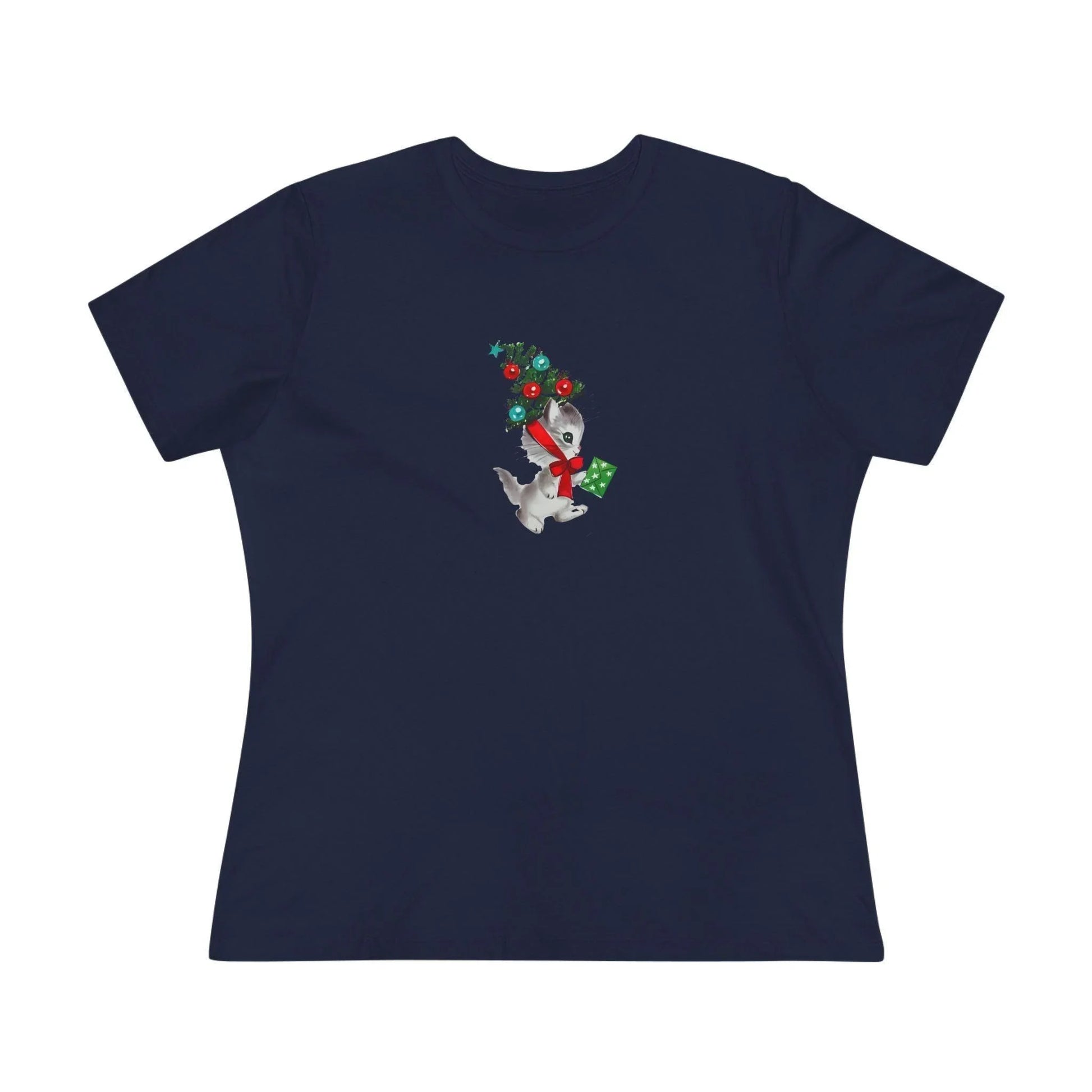 Retro Kittie with Tinsel Christmas Tree Hat - Women's Tee - Whippie's