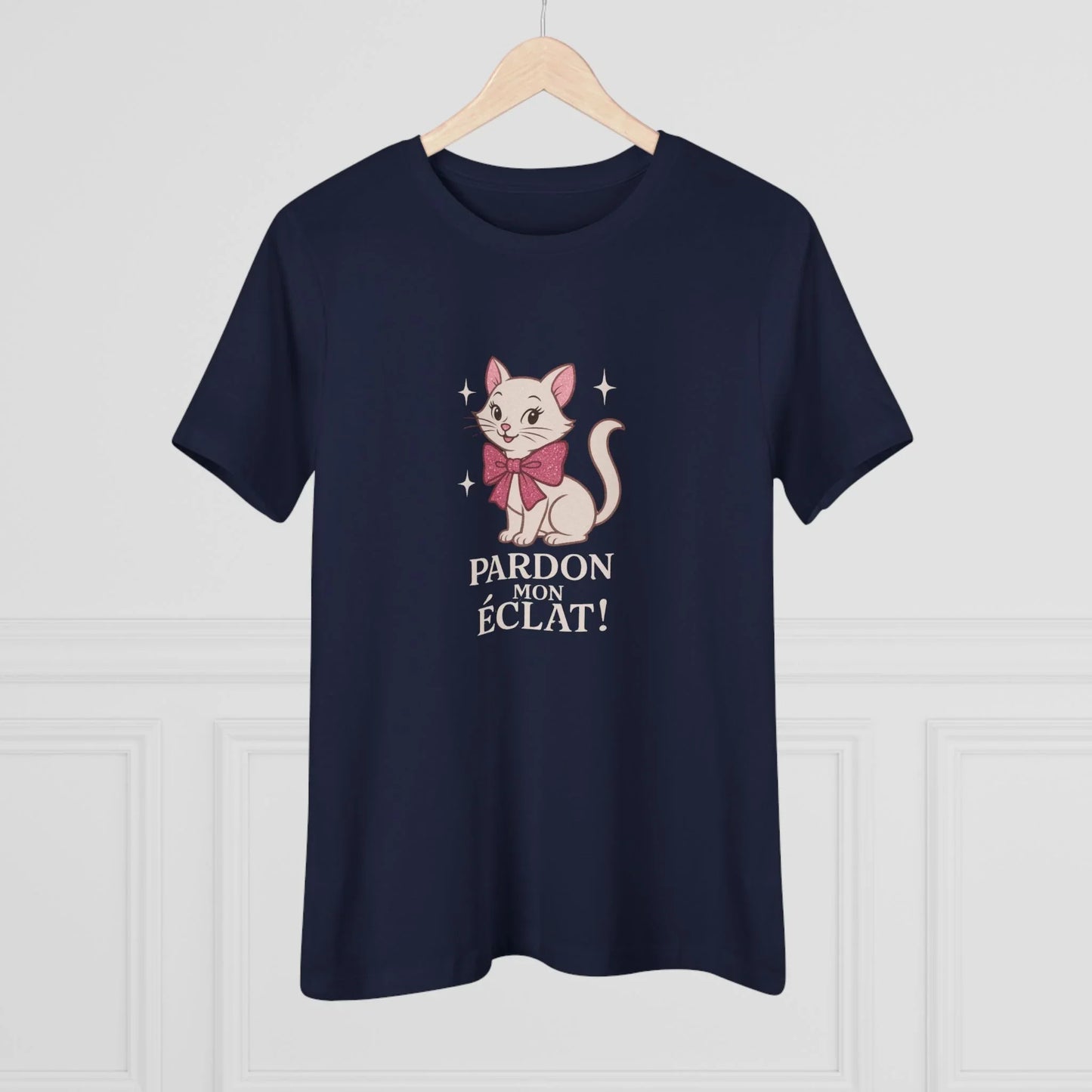 Pardon Mon Éclat White Sparkly Cat with Pink Bow Women's Tee - Whippie's