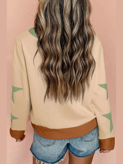 Women Star Contrast Round Neck Long Sleeve Sweatshirt