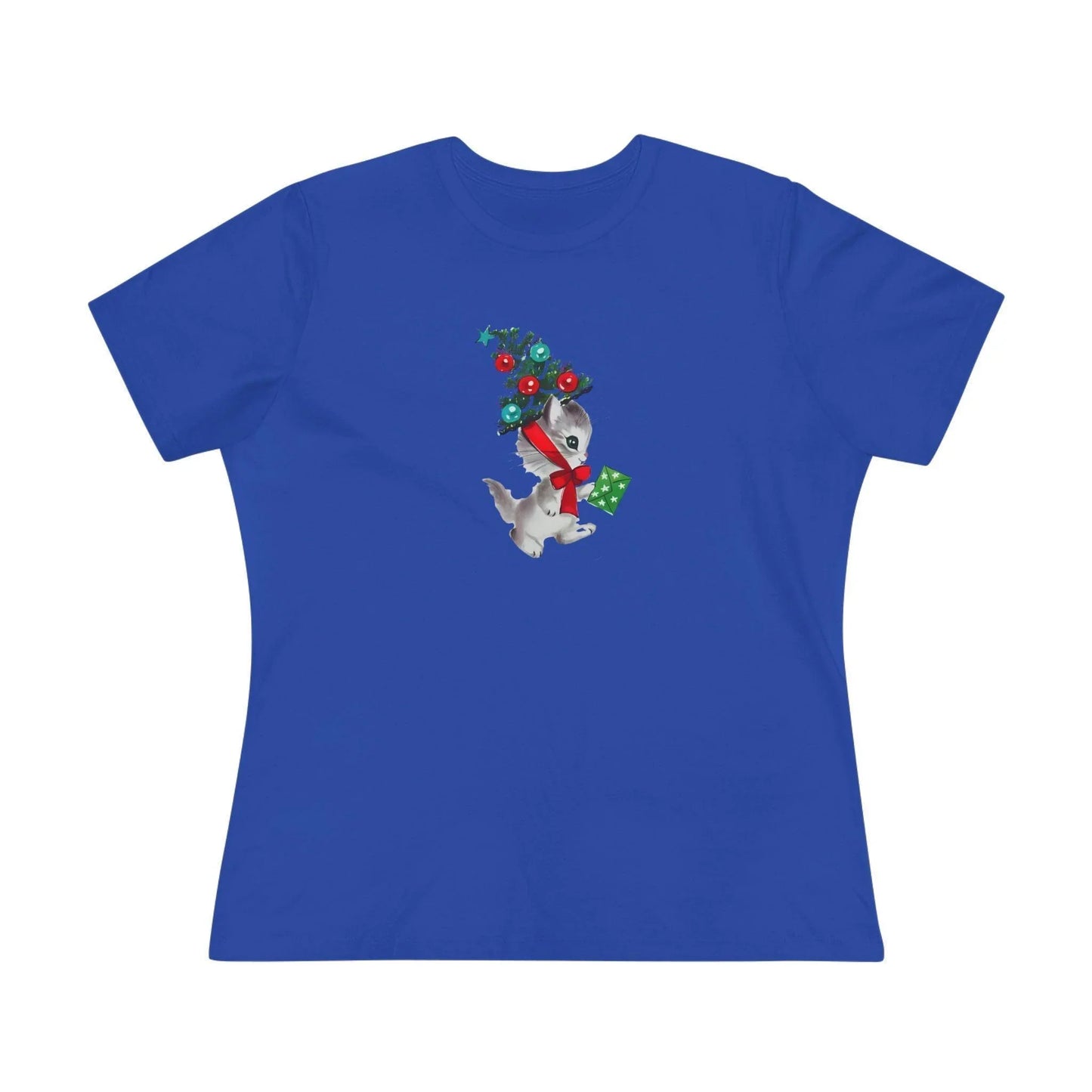 Kittie with Christmas Tree Hat and Card - Women's Softstyle Tee - Whippie's