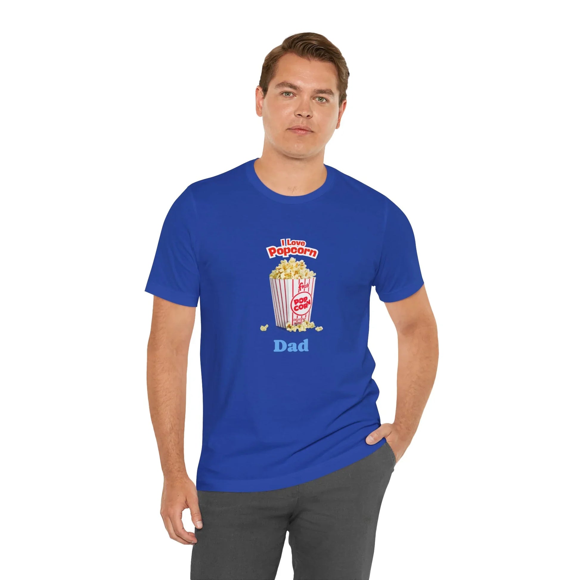 Man wearing blue T-shirt with popcorn bucket graphic and text I Love Popcorn Dad
