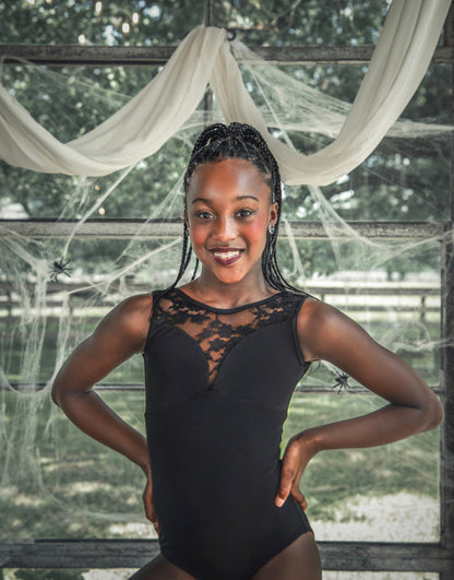 Black Lace Leotard | Black Swan: Front view on model showing lace neckline