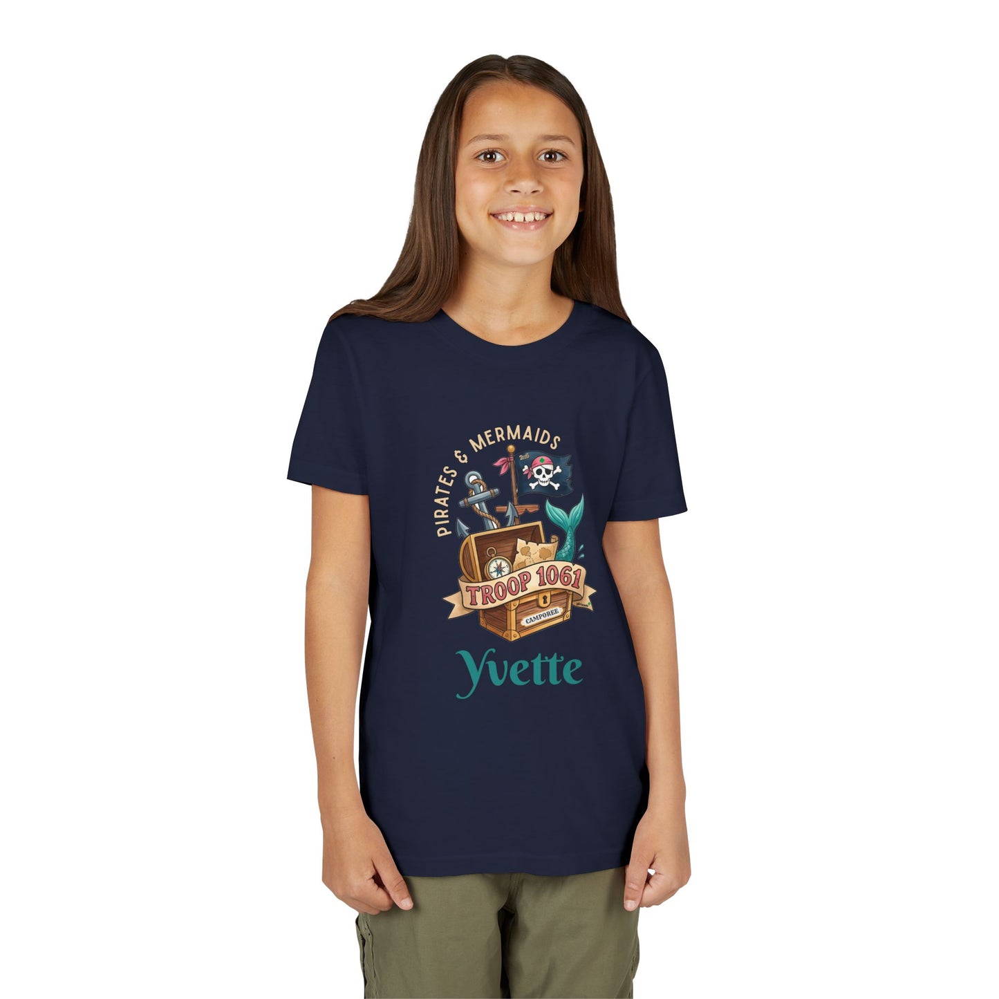 Child wearing a navy blue t-shirt with a pirate-themed design and name 'Yvette'. wearing a girl scout camporee tee