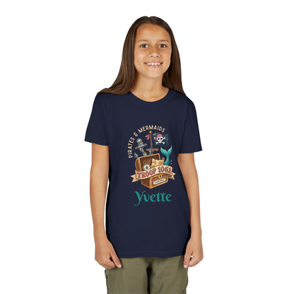 Child wearing a navy blue t-shirt with a pirate-themed design and name 'Yvette'. wearing a girl scout camporee tee