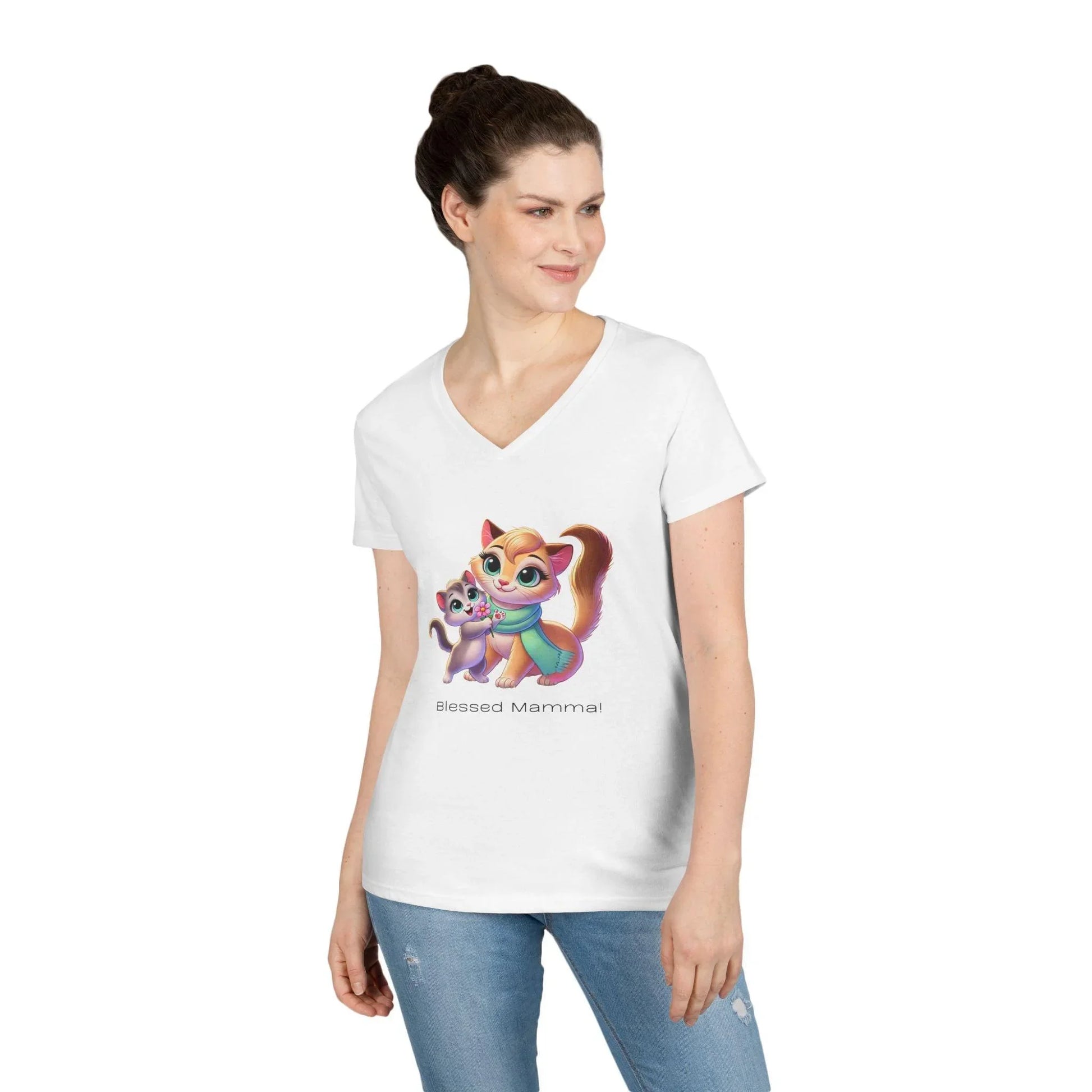 Blessed Mamma - Cat and Kitten 🐱💐 Ladies' V-Neck Tee 💖 - Whippie's