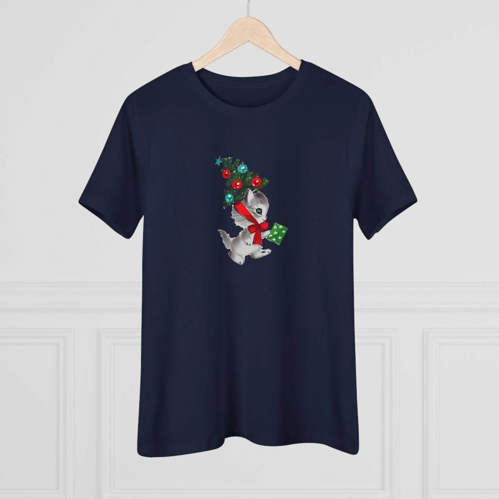 Kittie with Christmas Tree Hat and Card - Women's Softstyle Tee - Whippie's