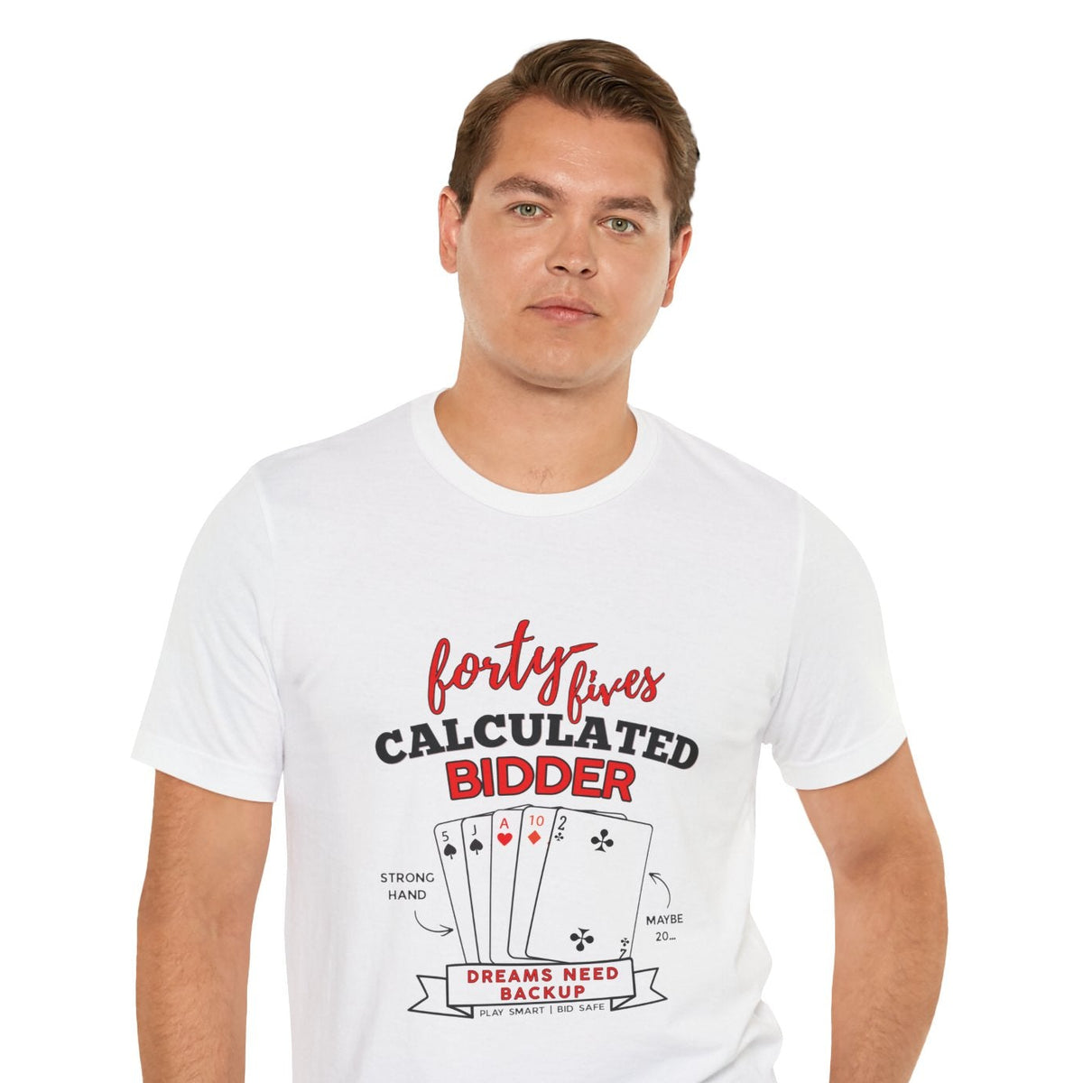 Man wearing a white t-shirt with red text on a white background