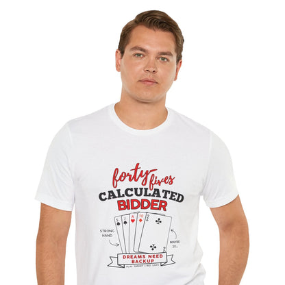 Man wearing a white t-shirt with red text on a white background
