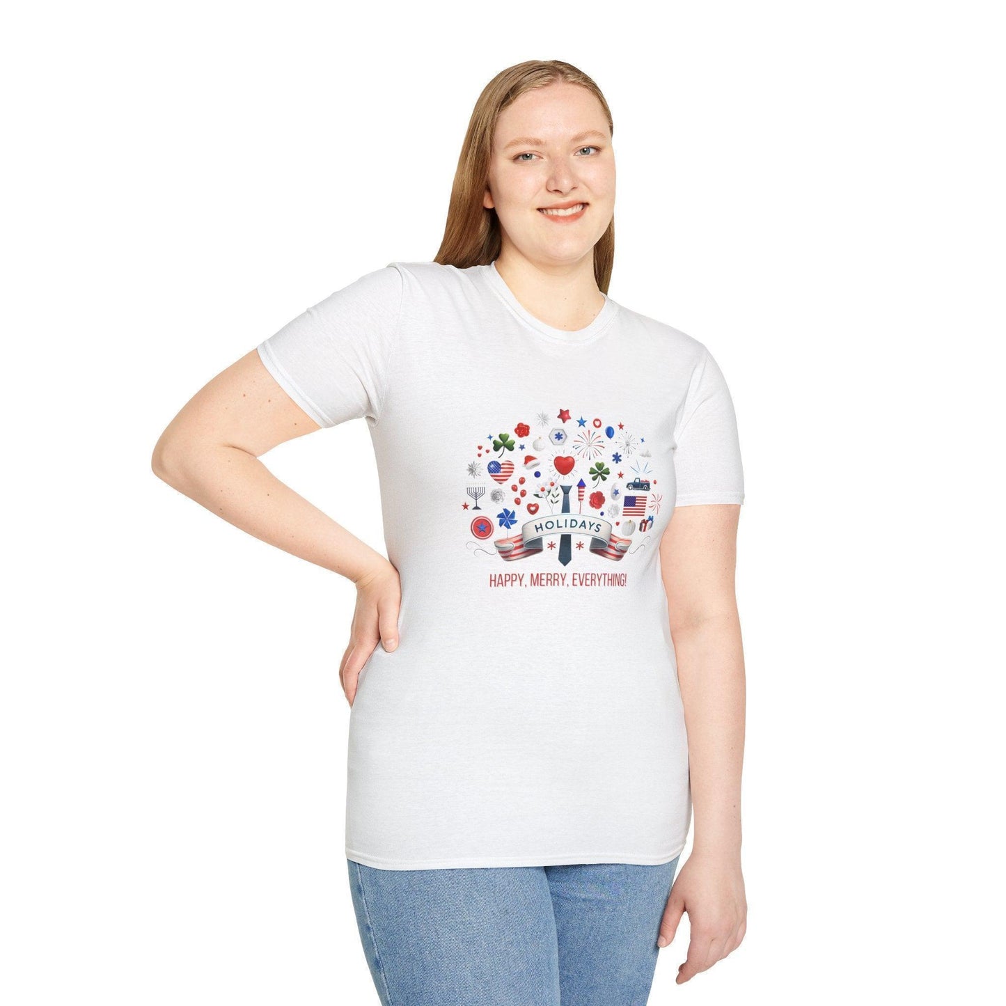 Merry Happy Everything 🎉 Unisex T-Shirt - Red, White & Blue Holiday Cheer! - Whippie's