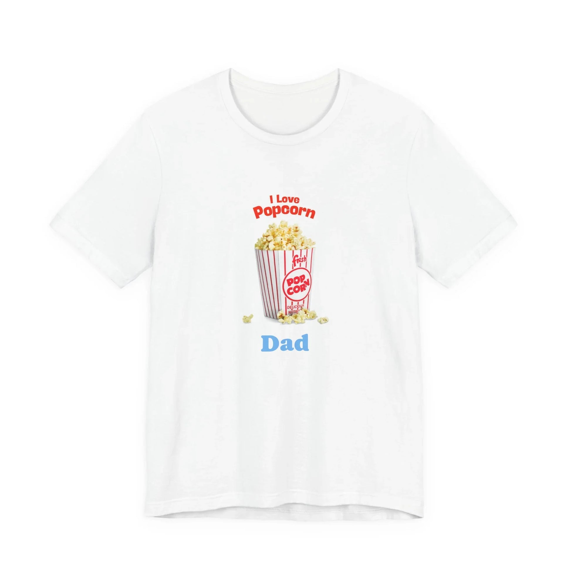 White t-shirt with popcorn bucket graphic and text I Love Popcorn Dad
