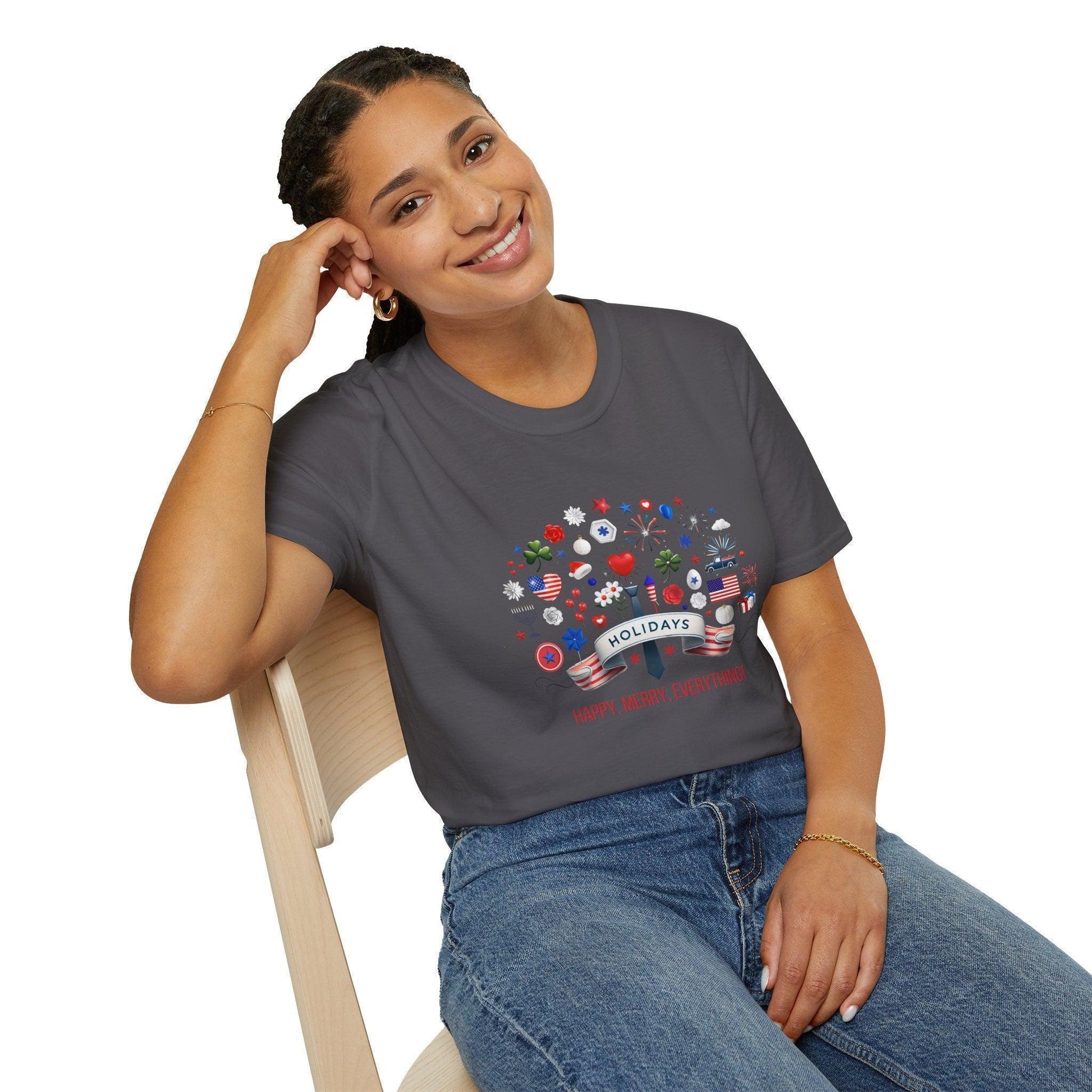 Merry Happy Everything 🎉 Unisex T-Shirt - Red, White & Blue Holiday Cheer! - Whippie's