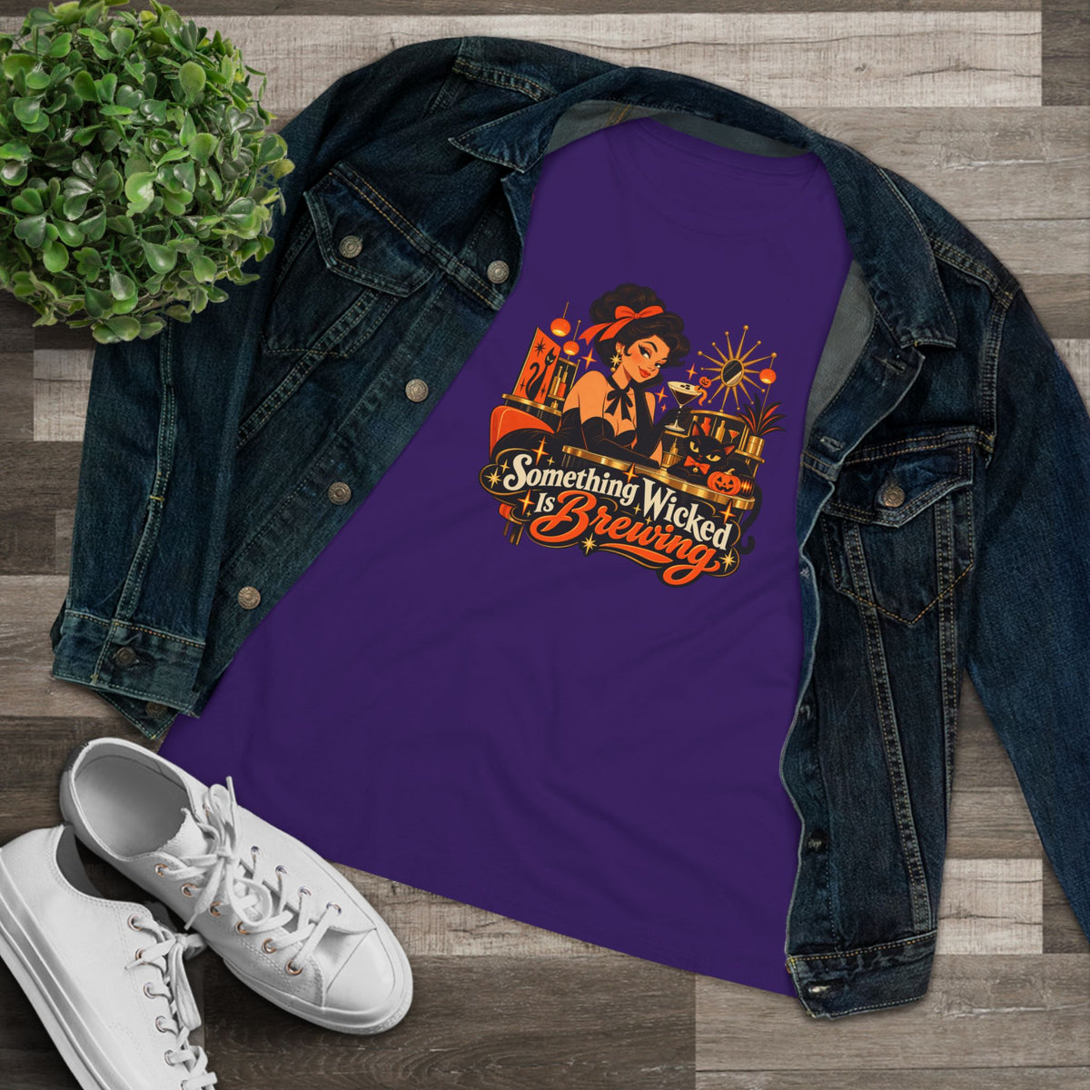 Purple vintage Halloween shirt styled with denim jacket and sneakers