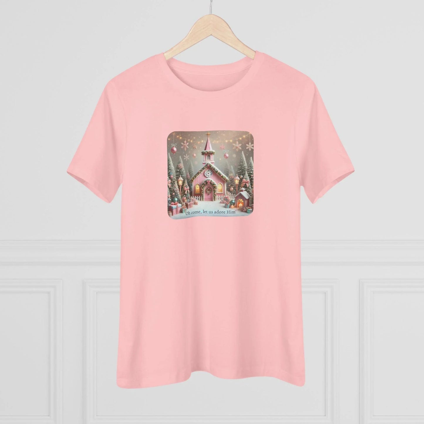 💖🏡 Pink Christmas Village - Oh Come, Let Us Adore Him ✨🎄 - Women's Softstyle Tee - Whippie's