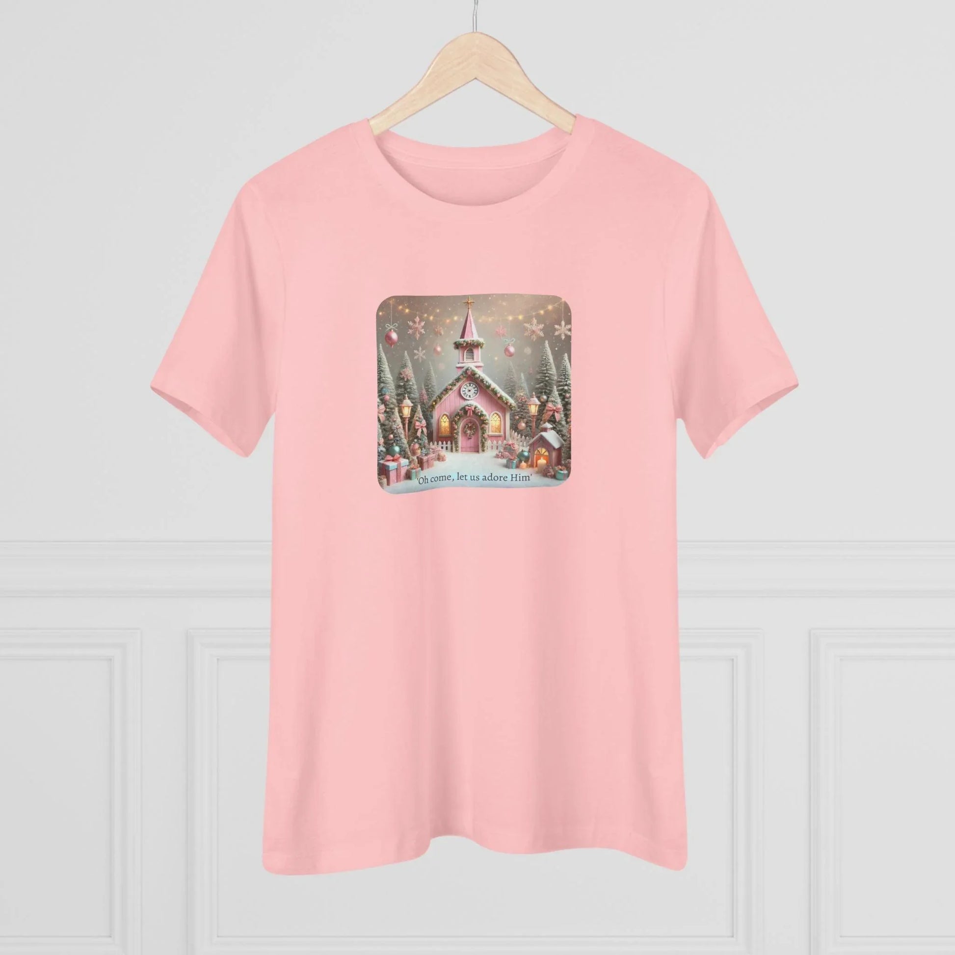 💖🏡 Pink Christmas Village - Oh Come, Let Us Adore Him ✨🎄 - Women's Softstyle Tee - Whippie's